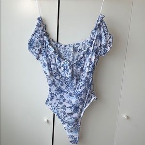 Blue floral off the shoulder mesh bodysuit